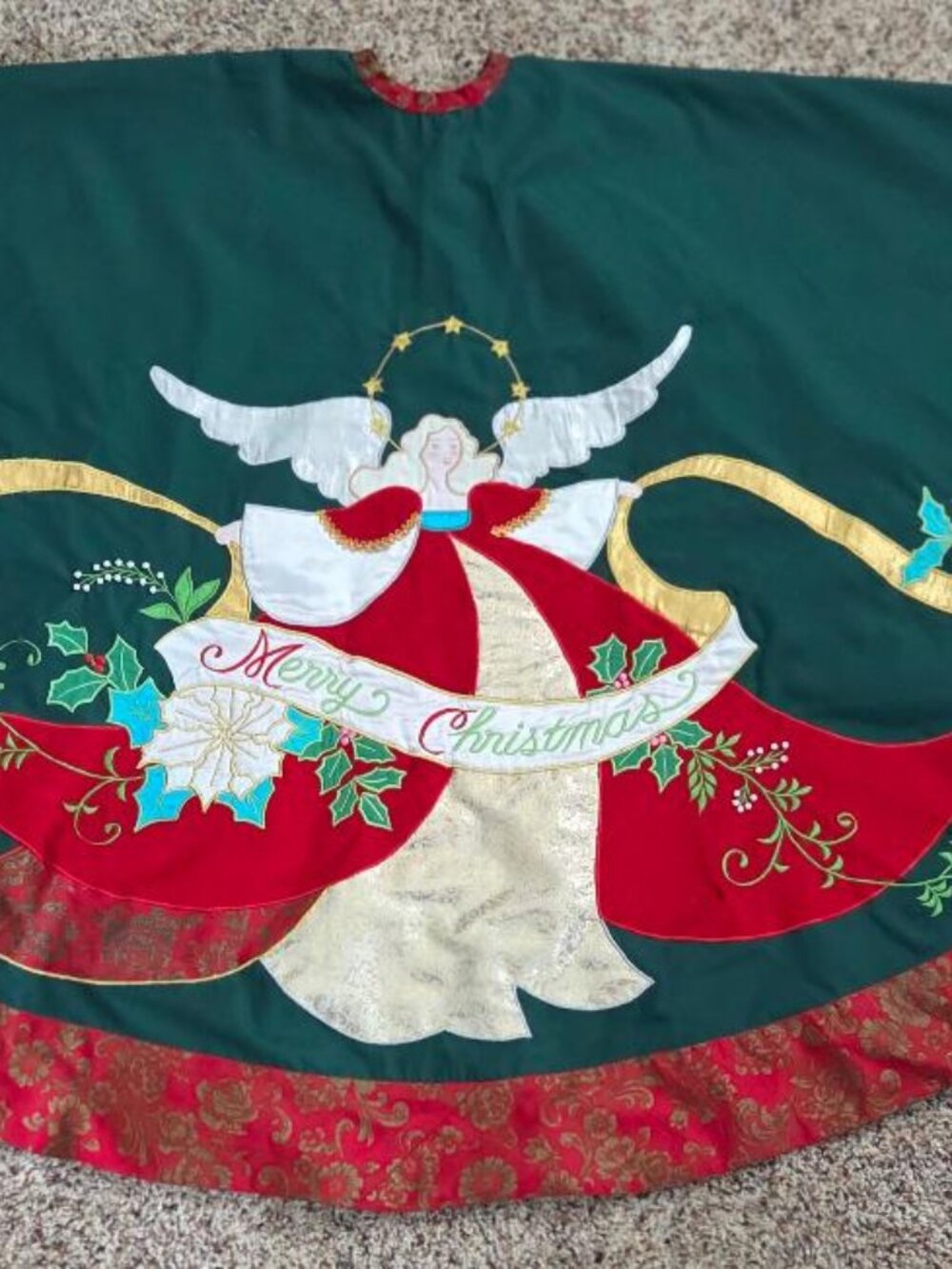 Vintage House of Hatten Christmas Tree Skirt 60" Angel Merry Christmas Applique